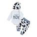 Baby Boy 3 Piece Outfit Letter Print Long Sleeve Rompers and Cow Print Elastic Pants Beanie Hat Set Fall Spring Clothes