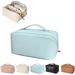 Large-Capacity Travel Leather Makeup Bag Cosmetic Bag Waterproof Portable Makeup Case Organizer Toiletry Bag Makeup Box for Skincare Cosmetics Toiletries with Handle and Divider-Blue