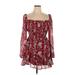 Trixxi Casual Dress - A-Line Square Long sleeves: Burgundy Print Dresses - Women's Size X-Large