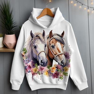 Fille 3D Floral Cheval Sweat à capuche Pullover manche longue 3D effet Printemps Automne Actif Mode Le style mignon Polyester Enfants 3-12 ans Capuche Extérieur Casual du quotidien Standard