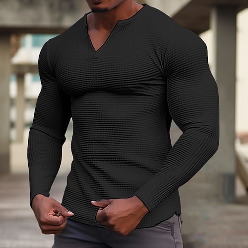 Homme Chemise gaufrée T-shirt Chemise à Manches Longues manche longue Col en V Printemps Automne Uni Mode Designer Basique Vacances Rue Sortir Noir Blanche Orange T-shirt haut de gamme pour homme