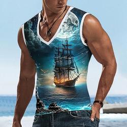 Homme Graphic Voilier Débardeur Top T-shirt sans manches pour hommes Sans Manches T-shirt 3D effet Col V Chemise du quotidien Design Décontractées Sport extérieur Vacances Gymnastique Bleu Bleu Ciel