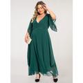 Robe trapèze décontractée pour femme, grande taille, robe longue unie, robe maxi, manches 3/4, col en V, basique, extérieur, vert foncé, été, printemps, robe d'invité de mariage