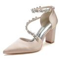 Chaussures de mariage pour femmes, escarpins élégants et luxueux pour fête de mariage, chaussures de demoiselle d'honneur, vin blanc, noir, chaussures habillées multicolores, strass, talon épais, bout pointu, chaussures sexy en satin avec bride à la chevi