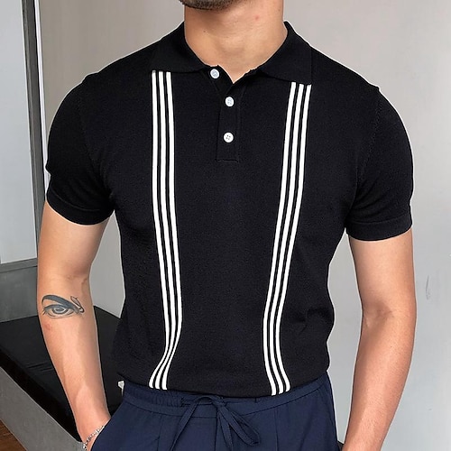 Homme Polo Pull POLO Extérieur Plein Air Col rabattu Bouton Manche Courte Décontractées Style de l'argent ancien Rayé Bouton devant Eté Printemps Automne Standard Noir Blanche Bleu Vert Noir Blanc