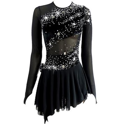 Robe de Patinage Artistique Femme Fille Patinage Robes Tenue Noir Dos ouvert Ourlet Asymétrique Maille Spandex Haute élasticité Compétition Tenue de Patinage Fait à la main Paillette manche longue