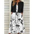 Robe Midi Femme Ensemble de Robes Deux Pièces Robe Décontractée Robe Imprimée Quotidien Vacances Mode Élégante Imprimé Poche Col Rond Manches Mi-Longues Floral Ajustement Régulier Noir Bleu Marine