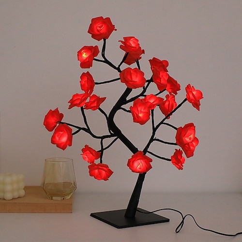 Lampe de table en rose LED lampe à arbre de lumière féerique 24LED lampes à fleurs roses lampe de table USB lumière de nuit feuille d