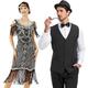 Rétro Vintage Les rugissantes années 20 1920s Robe à clapet Tenue Gilet Déguisements de couple Gatsby le magnifique Gentilhomme Homme Femme Paillettes Franges Nouvel an Soirée Fête scolaire Costume