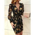 Mini robe Femme robe soirée manche longue Eté Printemps Automne - Elégant Soirée Torsion Imprimer Nœud devant Floral Léopard Fleur Col V Anniversaire Vacances Mince Noir Rouge Marron S M L XL XXL