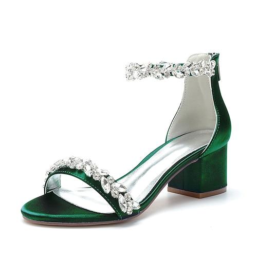 Sandales de mariée en satin vert pour femme – bride cheville strass, talon carré, bout ouvert, chaussures de soirée et de bal