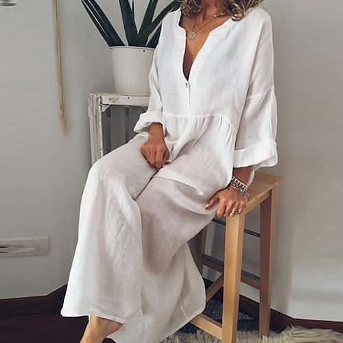 Femmes Noir Blanche Jaune Printemps Automne Hiver Robe maxi Robes inspirées du lin Robe Blanche Robe Chemise Occasionnel Robe d'Hiver Vacances Quotidien Coupe Ample Uni Couleur Unie Col en V Col fendu