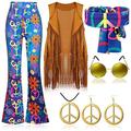 Rétro Vintage Années 60 Hippie Années 70 Pantalon Bandeau Gilet en daim Déguisements des années 70 pour femmes Tenues des années 70 Bandeaux Boucles d'Oreille Hippie Femme Halloween Carnaval Fête