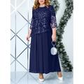 Grande Taille Courbe robe soirée Robe d'hiver Robe dentelle Femme robe longue Couleur unie Manches 3/4 Dentelle Ruché Col Ras du Cou Elégant Soirée Rose Claire Bleu Bleu Ciel Eté Printemps L XL 2XL