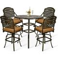 VIVIJASON 5-Piece Outdoor Swivel Bar Stools Set All Weather Cast Aluminum Patio Bar Height Bistro Set with 4 Cushioned Bar Chairs & 38.3 High Bar Table w/Umbrella Hole for Backyard Lawn Garden