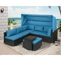 Haverchair Rattan Patio Furniture Set 7 Pieces with Retractable Canopy Wicker Sectional Sofa Set Daybed Outdoor Furniture Set with Adjustable Backrest and Cushions Storage Table Blue
