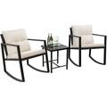 Flamaker 3 Pieces Patio Furniture Set Rocking Wicker Bistro Sets Modern Outdoor Rocking Chair Furniture Sets Clearance Cushioned PE Rattan Chairs Conversation Sets with Coffee Table (Beig