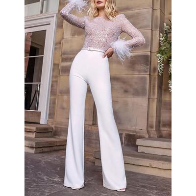 Women's Jumpsuit High Waist Feather Sparkly Solid Color Crew Neck Streetwear Wedding Party Regular Fit Long Sleeve White Pink Blue S M L Summer