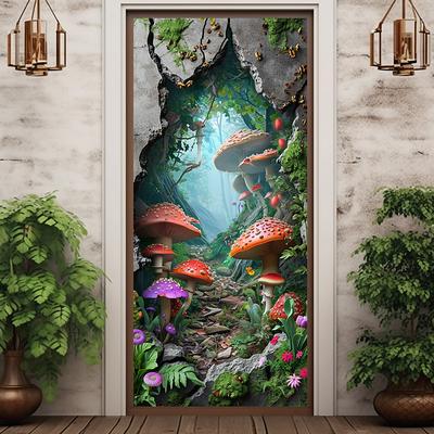 Broken Wall Mushrooms Door Covers Mural Decor Door Tapestry Door Curtain Decoration Backdrop Door Banner Removable for Front Door Indoor Outdoor Home Room Decoration Farmhouse Decor Supplies