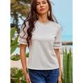 Women's White Lace Tops Plain Eyelet Hollow Casual Round Neck T-Shirts Fashion Puff Sleeve Modern Regular Fit Summer