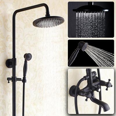 Antique Shower System Faucet Combo Set, 8 Rainfall Shower Head Kit with Handshower Wall Mounted, Brass Copper Black Electroplated Finish Vintage Style 2 Handles 3 Hole Bath Mixer Taps with Bodysprays