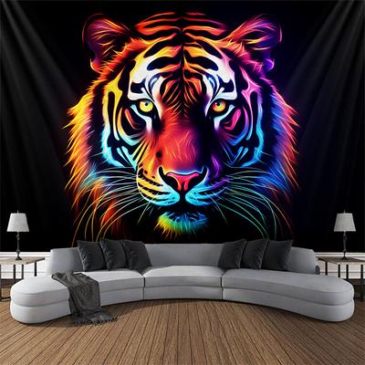 Blacklight Tapestry UV Reactive Glow in the Dark Glow Party Neon Tiger Animal Psychedelic Trippy Misty Hanging Tapestry Wall Art Mural for Living Room Bedroom