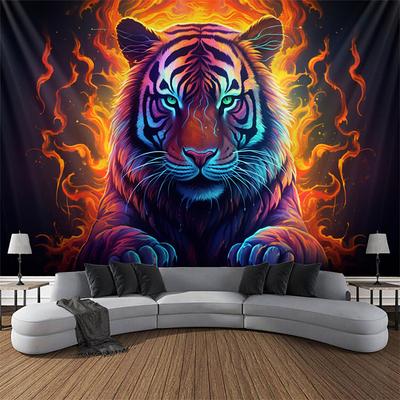 Blacklight Tapestry UV Reactive Glow in the Dark Glow Party Neon Tiger Animal Psychedelic Trippy Misty Hanging Tapestry Wall Art Mural for Living Room Bedroom