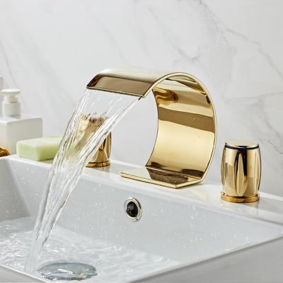 Widespread Bathroom Sink Mixer Faucet, Waterfall Arc Spout Brass 3 Hole 2 Handle Basin Tap Deck Mounted, Washroom Basin Vessel Water Tap with Hot and Cold Hose