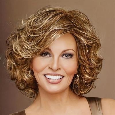 Synthetic Wig Curly Neat Bang Wig Short Blonde Synthetic Hair Women's Soft Natural Adjustable Blonde