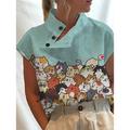 Women's Shirt Blouse Animal Dog Casual Blue Rainbow Beige Print Button Short Sleeve Fashion High Neck Regular Fit Spring Fall