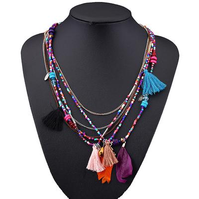 CARNIVAL Bohemian Multi layered Necklace Handmade Beaded Feather Fringe Sweater Chain Resin Rice Beads Tourism Jewelry