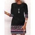 Women's Work Dress Casual Dress Fashion Winter Dress Daily Mini Dress Print Crew Neck Long Sleeve Color Block Tribal Loose Fit Black Red Navy Blue Fall Winter S M L XL XXL