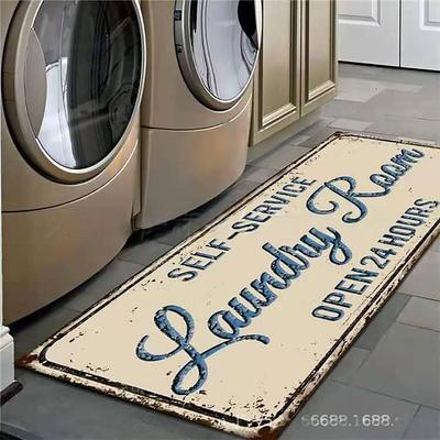 Laundry Bath Mat Non-slip Runner Non Skid Machine Washable Area Rugs Laundry Decor for Kitchen, Bath, Washroom Blue White