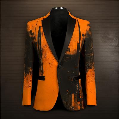 Men's Geometry Coat Blazer Warm Breathable Comfortable Business Abstract Work Wear to work Going out Buttons Print Multi Pocket Fall Winter Turndown Long Sleeve Orange