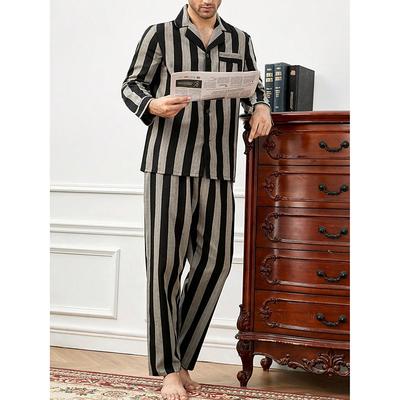 Men's Loungewear Sleepwear Pajama Set Pajama Top and Pant 2 Pieces Stripe Stylish Casual Comfort Home Daily Cotton Comfort Lapel Long Sleeve Shirt Pant Drawstring Elastic Waist Spring Fall Black Blue