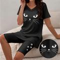 Women's T shirt Tee Shorts Sets Cat Casual Daily Black White Dark Gray Print Short Sleeve Fashion V Neck Regular Fit Summer