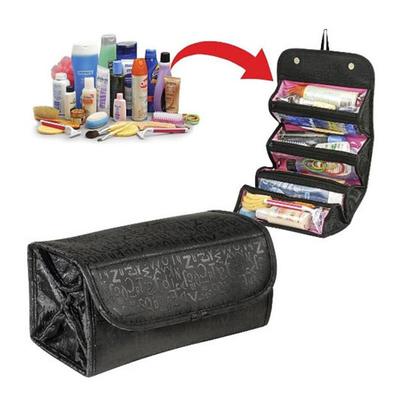 Roll-Up Cosmetic Bag, Travel Roll-Up Vanity Case Folder Hanging Foldable Cosmetic Bag Toiletries Bag - Black, Free Size