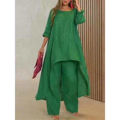 Women's Linen-Inspired Sets Two Piece Sets Pure Color Fashion Simple Casual Street Date Airport Breathable Crew Neck Long Sleeve Pant Summer Spring Home Outfits