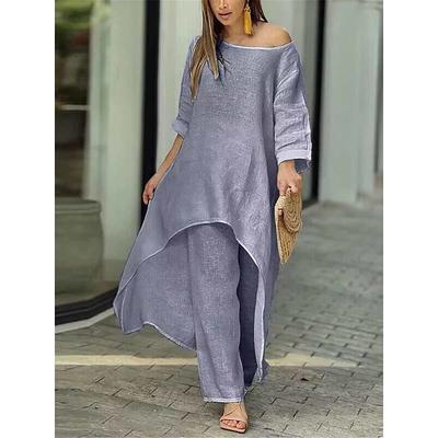 Women's Linen-Inspired Sets Two Piece Sets Pure Color Fashion Simple Casual Street Date Airport Breathable Crew Neck Long Sleeve Pant Summer Spring Home Outfits