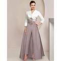 Two Piece Jumpsuit / Pantsuit Mother of the Bride Dress Formal Wedding Guest Elegant Party V Neck Ankle Length Satin Lace 3/4 Length Sleeve with Appliques Color Block 2024