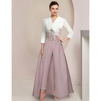 Two Piece Jumpsuit / Pantsuit Mother of the Bride Formal Wedding Guest Elegant Party V Neck Ankle Length Crepe Lace 3/4 Length Sleeve with Appliques Color Block 2025 free custom size