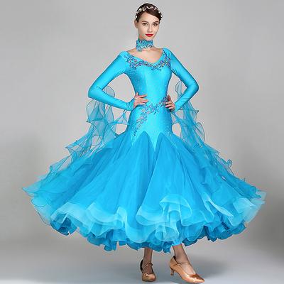 Ballroom Dance Dress Rhinestone Embroidery Women's Performance Training Long Sleeve Spandex Organza