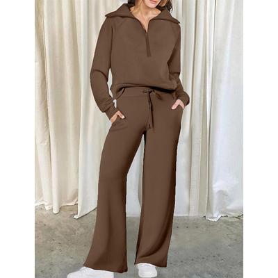 Women's Loungewear Sets Pure Color Casual Comfort Home Street Daily Polyester Breathable Lapel Long Sleeve Pullover Pant Pocket Fall Winter Lake blue Black