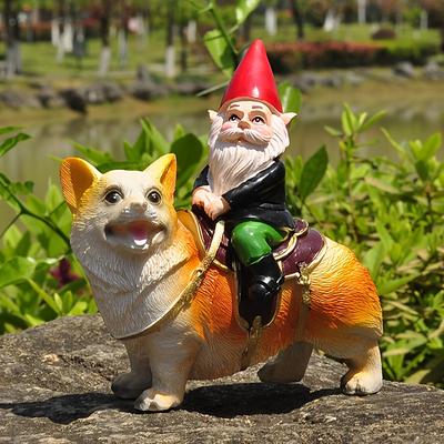 Funny Guy Garden Gnome Statue - Gnome Riding a Corgi - Indoor/Outdoor Garden Gnome Sculpture for Patio, Yard or Lawn