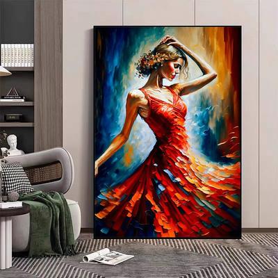 Handpainted Bright Red Dress Ballet Girl Dancing Art Oil Painting Canvas Paintings Figure Wall Art Pictures For Living Room Home Decor Gifts (No Frame)