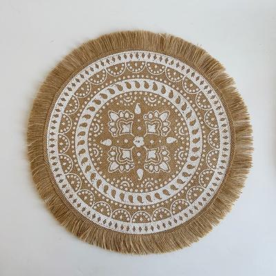 Round Placemat White Table Mats Farmhouse Woven Jute Fringe with Tassel Place Mat for Dining Room Kitchen Wedding Table Decor Mandala