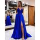 A-Line Prom Dresses Empire Dress Formal Wedding Guest Court Train Sleeveless V Neck Satin Backless with Beading Appliques 2024