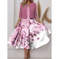 Women's Two Piece Dress Set Casual Dress Chiffon Dress Swing Dress Valentine's Day Date Elegant Print Midi Dress V Neck Half Sleeve Floral Regular Fit Pink Blue Purple Spring S M L XL XXL