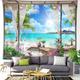 Window Landscape Wall Tapestry Art Decor Blanket Curtain Hanging Home Bedroom Living Room Decoration Coconut Tree Sea Ocean Beach