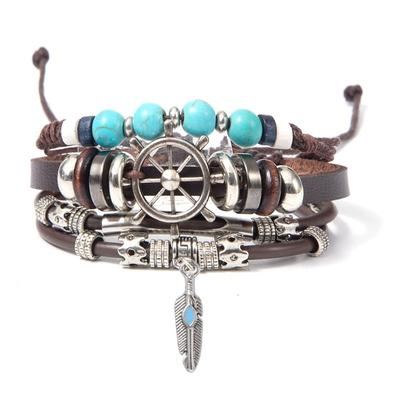 Turquoise Men's Woven Leather Wood Bead Bracelet Multilayer Pendant Beaded Women's Bracelet DIY Couple Style